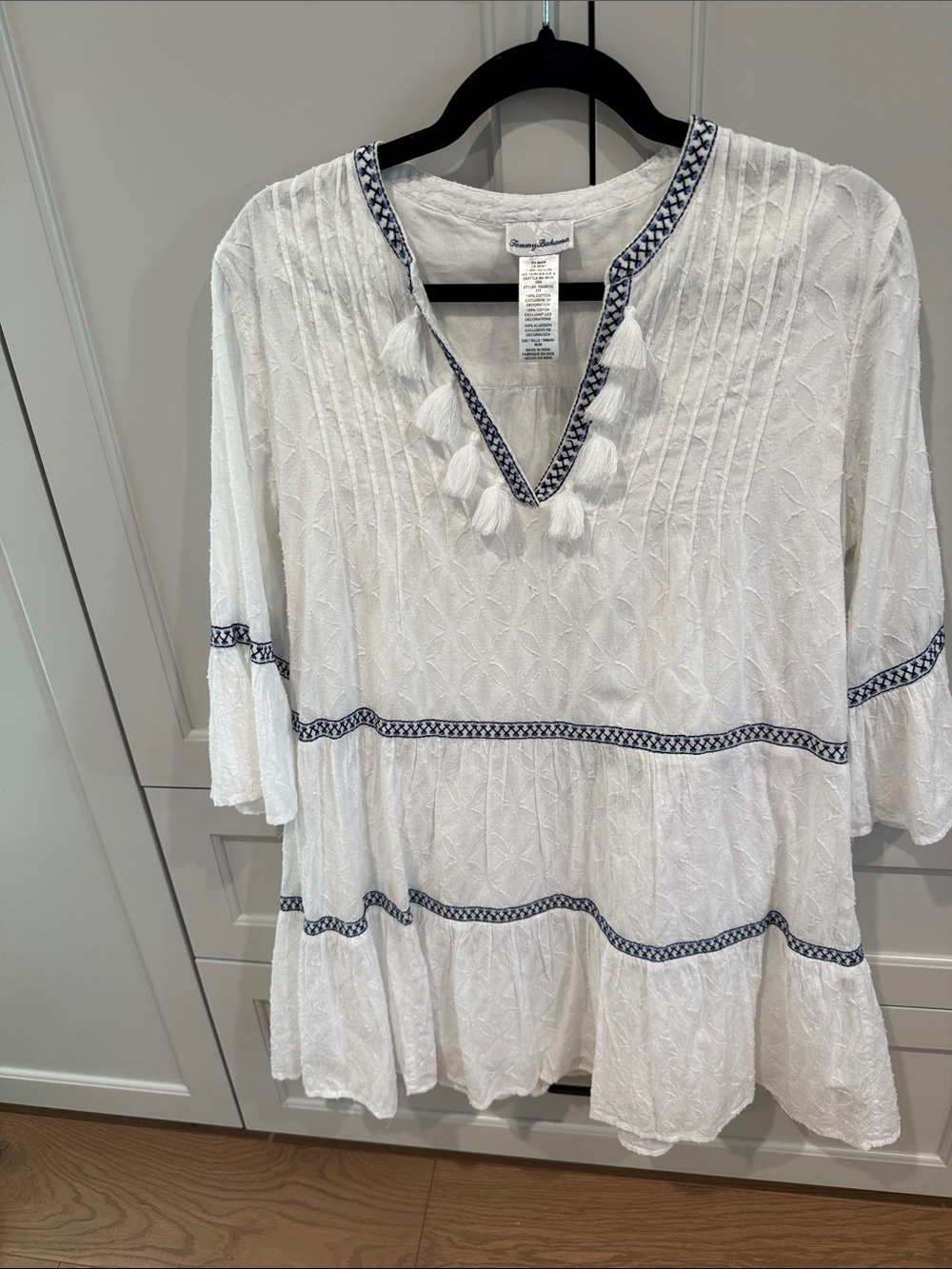 Tommy Bahama White Peasant Tunic with Navy Embroidery